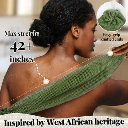 African Net Sponge Authentic-4 Packs African Exfoliating Net Sponge,Bath Sponges for Shower,42 inch Long for Normal to Sensitive Skin, for Daily use, Body Exfoliator Shower (Green,Pink,Blue,Grey)