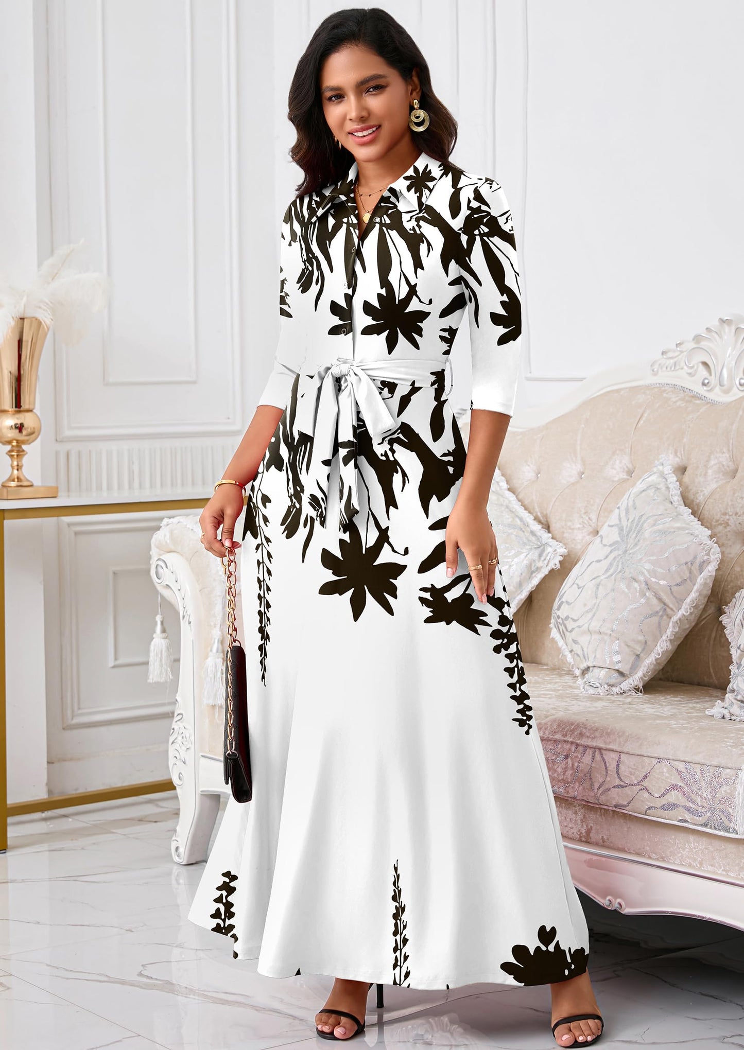 Rumwind Maxi Dresses for Women, 3/4 Sleeve Shirt Collar Casual Afircan Print Church Dress Button Down with Belt and Pockets