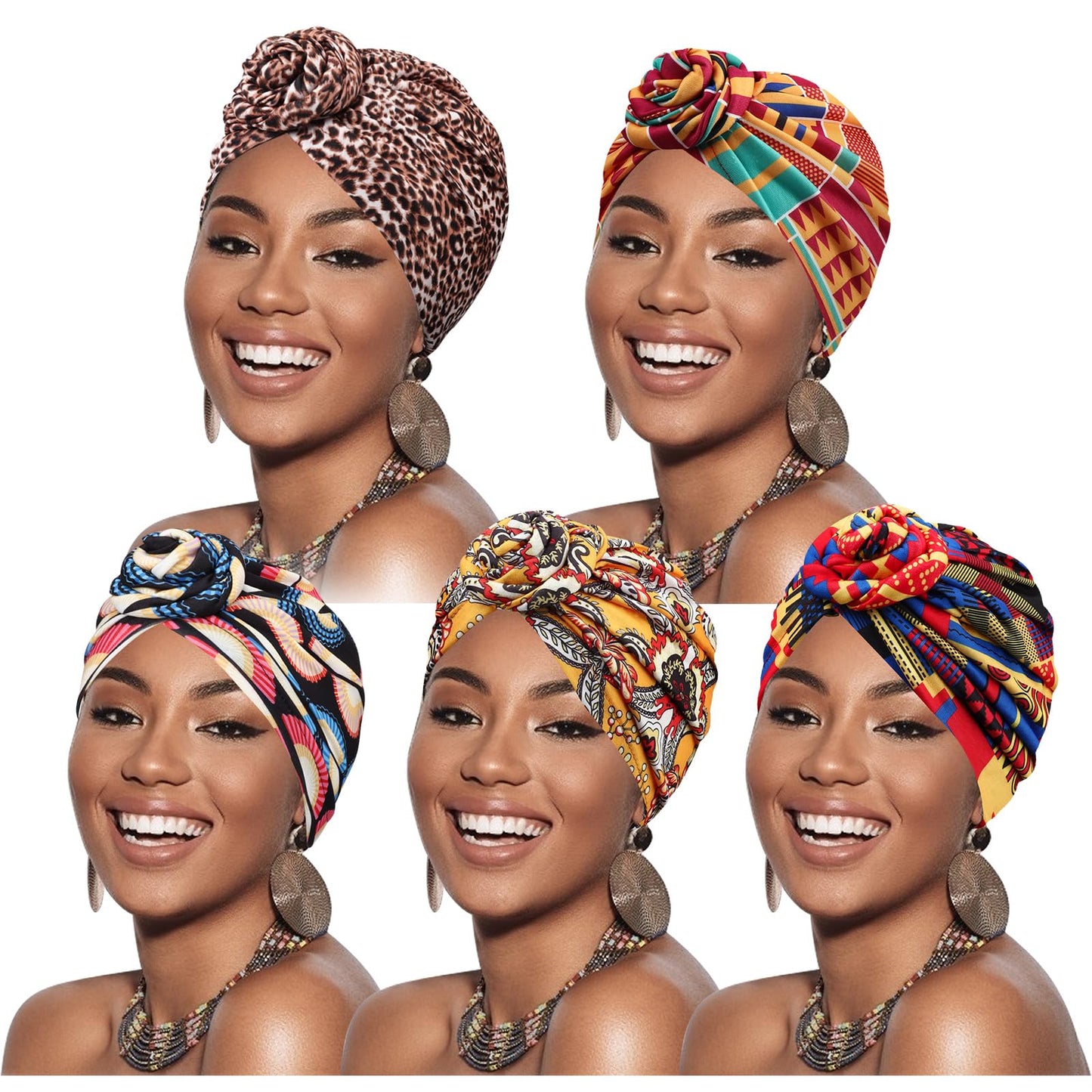 DRESHOW 5 Pack Knotted Headwraps for Women African Turban Pre-Knotted Beanie Headwraps Hair Covers