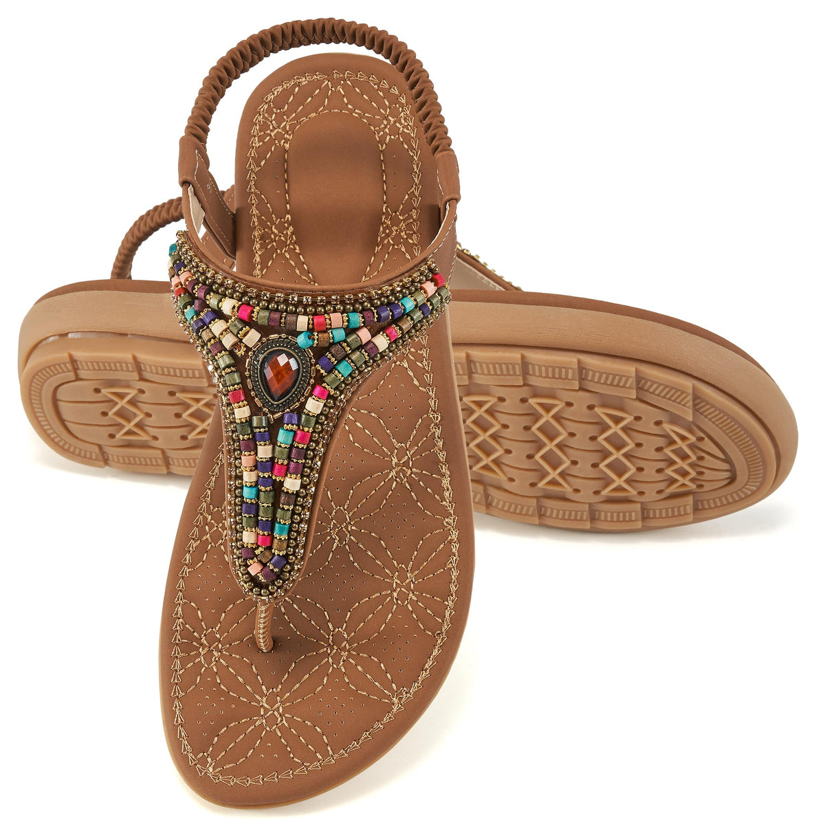 Ecetana Women's Flat Sandals Comfort Beaded Boho Summer Ankle Strap