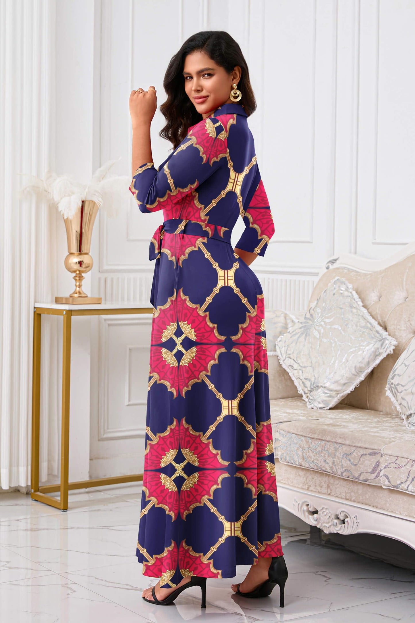 Rumwind Maxi Dresses for Women, 3/4 Sleeve Shirt Collar Casual Afircan Print Church Dress Button Down with Belt and Pockets