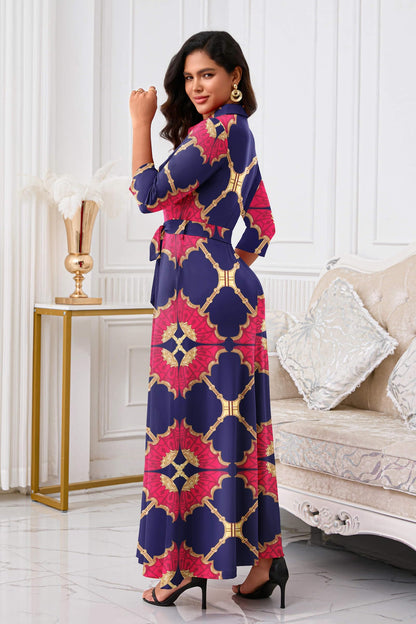 Rumwind Maxi Dresses for Women, 3/4 Sleeve Shirt Collar Casual Afircan Print Church Dress Button Down with Belt and Pockets