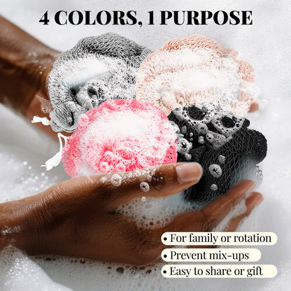 African Net Sponge Authentic-4 Packs African Exfoliating Net Sponge,Bath Sponges for Shower,42 inch Long for Normal to Sensitive Skin, for Daily use, Body Exfoliator Shower (Green,Pink,Blue,Grey)