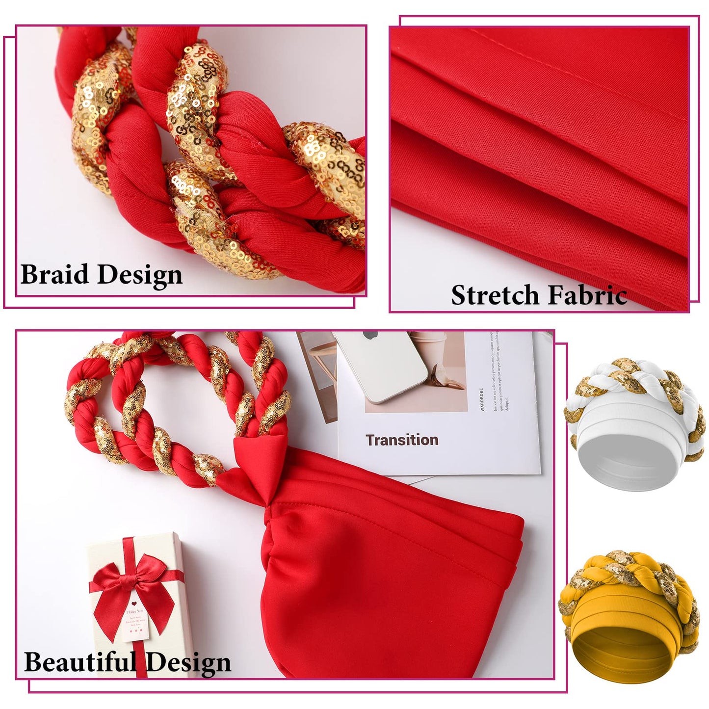 4 Pcs African Turban Head Wrap for Black Women Braid Beanie Stretchy Elastic Turban Hair Wrap