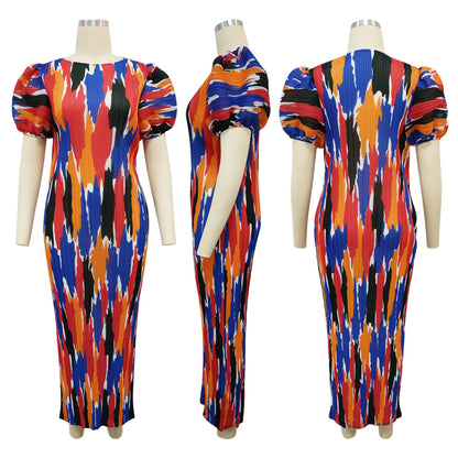 Women Colorful African Dress Floral Party Pleated Maxi Dress