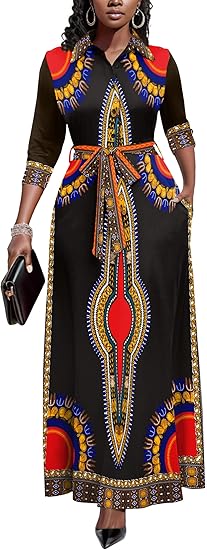 Runwind Women Church Maxi Dresses 3/4 Sleeve Button Down Print Casual Office Dress African