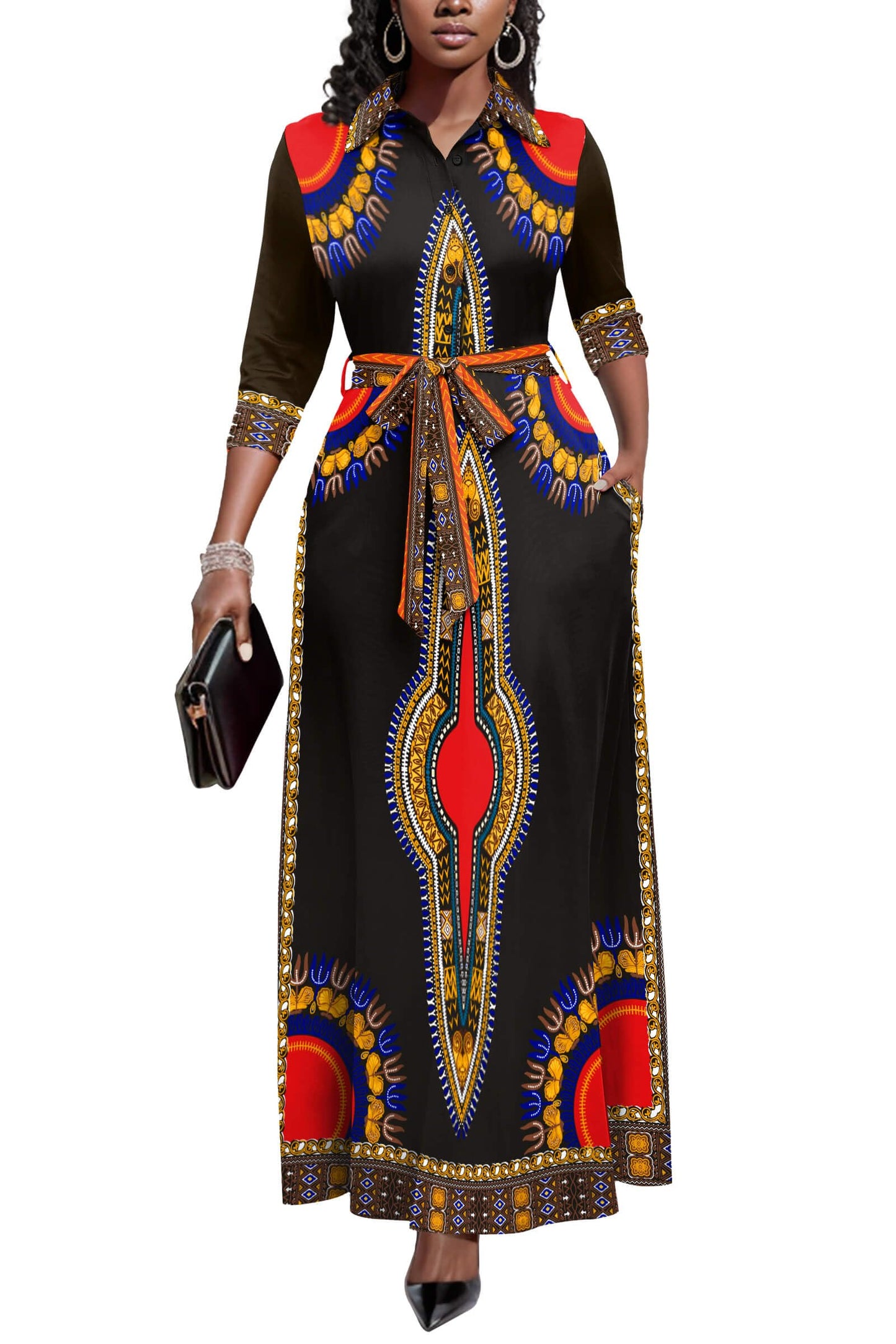 Runwind Women Church Maxi Dresses 3/4 Sleeve Button Down Print Casual Office Dress African