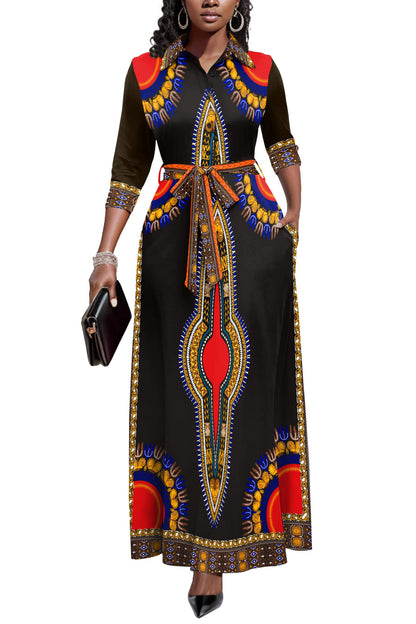 Runwind Women Church Maxi Dresses 3/4 Sleeve Button Down Print Casual Office Dress African