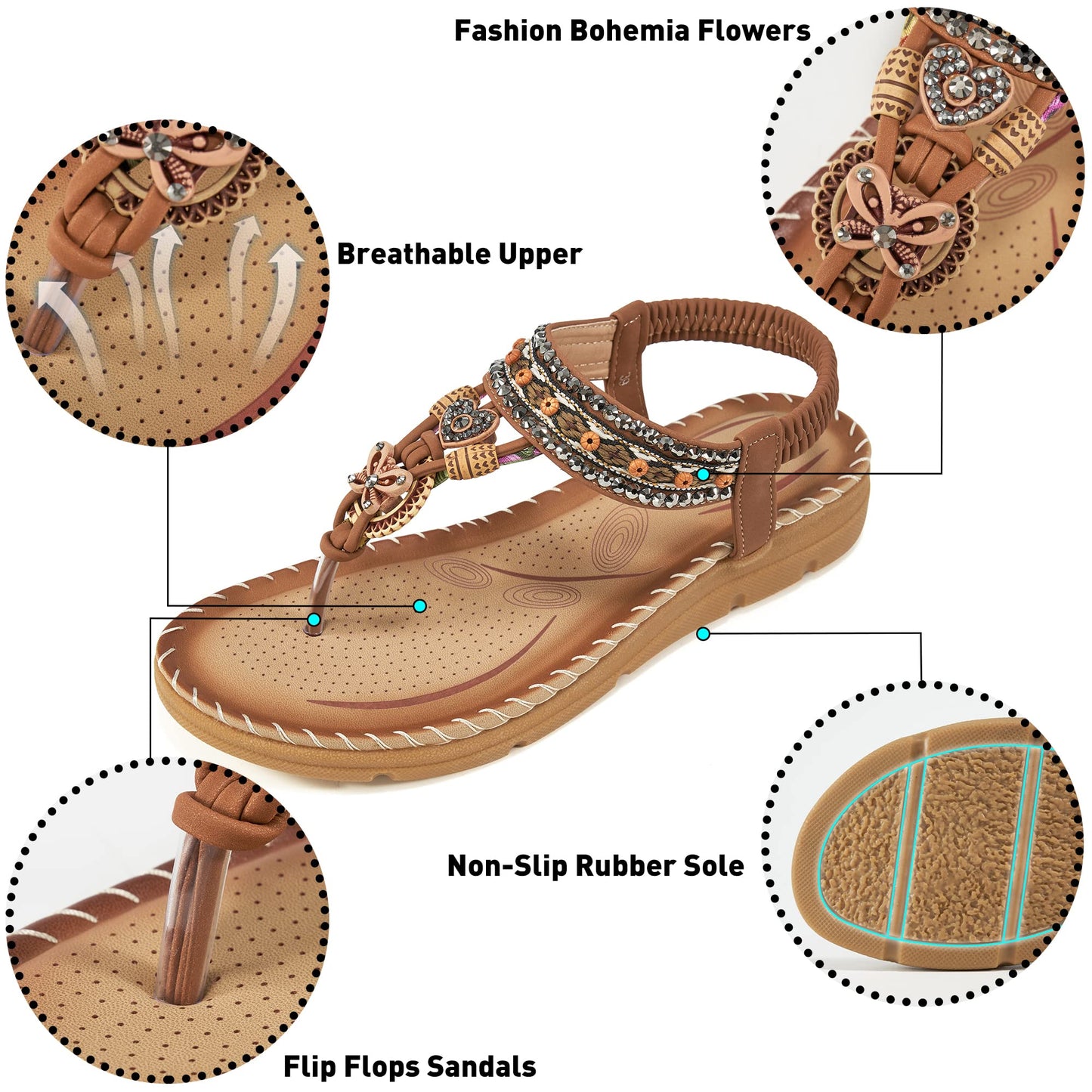 Aomigoct Sandals Women Flat Shoes: Dressy Summer Bohemian Flats Shoes for Women Sandals Comfortable Ankle Strap Outdoor Walking