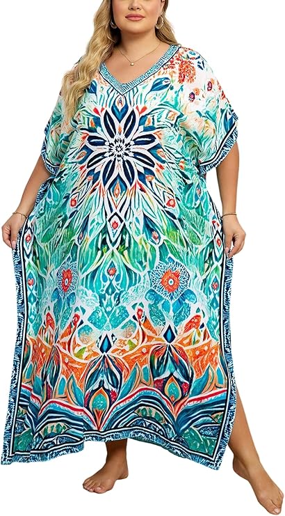 Kaftan Dresses for Women V-Neck Print Swimsuit Cover Up Plus Size Beach Caftan Lounge Dress