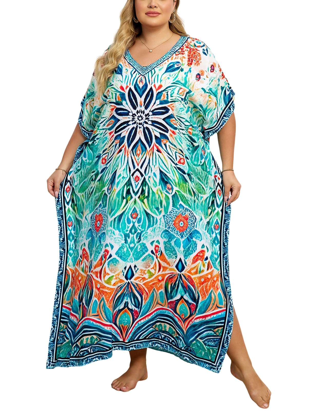 KECVOT Kaftan Dresses for Women V-Neck Print Swimsuit Cover Up Plus Size Beach Caftan Lounge Dress