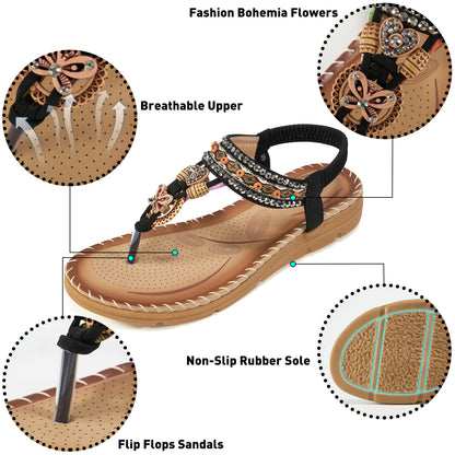Aomigoct Sandals Women Flat Shoes: Dressy Summer Bohemian Flats Shoes for Women Sandals Comfortable Ankle Strap Outdoor Walking