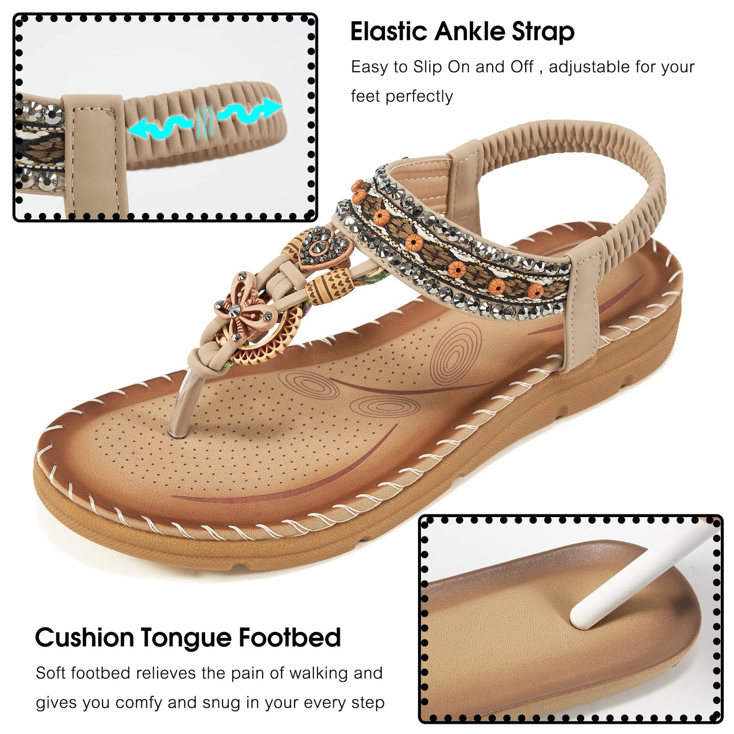 Aomigoct Sandals Women Flat Shoes: Dressy Summer Bohemian Flats Shoes for Women Sandals Comfortable Ankle Strap Outdoor Walking