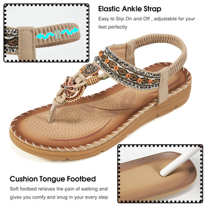Aomigoct Sandals Women Flat Shoes: Dressy Summer Bohemian Flats Shoes for Women Sandals Comfortable Ankle Strap Outdoor Walking