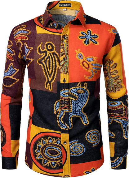 PARKLEES Men's Cotton Linen-Like 70s Disco Retro Traditional Pattern Printed Long Sleeve Button Down Shirt