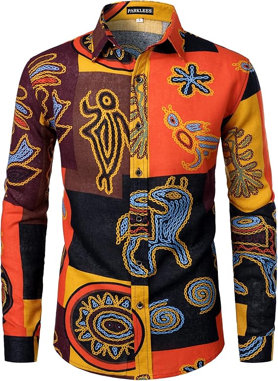 PARKLEES Men's Cotton Linen-Like 70s Disco Retro Traditional Pattern Printed Long Sleeve Button Down Shirt