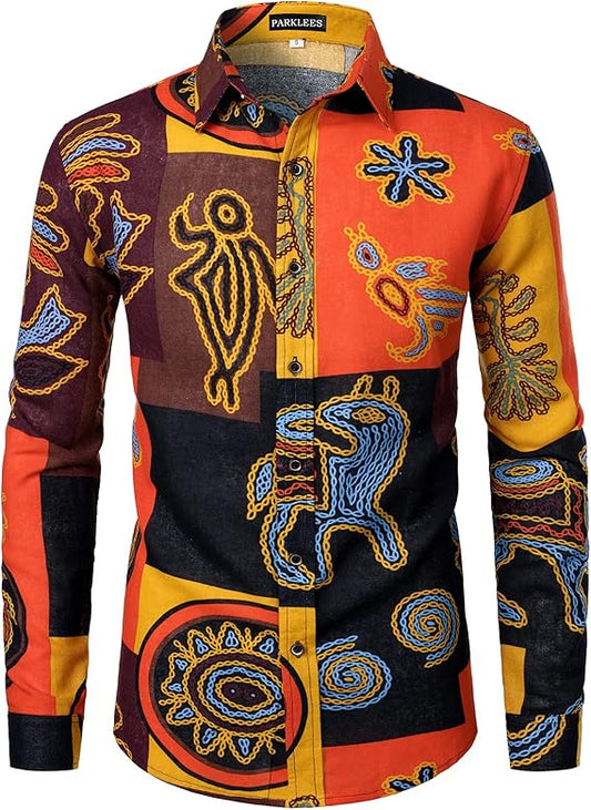 PARKLEES Men's Cotton Linen-Like 70s Disco Retro Traditional Pattern Printed Long Sleeve Button Down Shirt