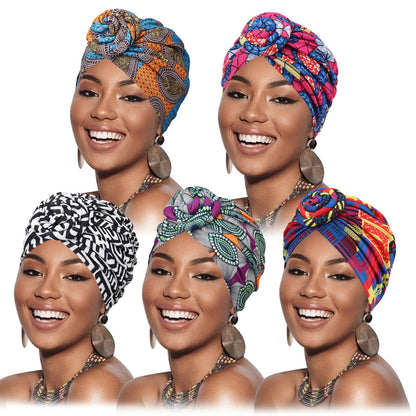 DRESHOW 5 Pack Knotted Headwraps for Women African Turban Pre-Knotted Beanie Headwraps Hair Covers