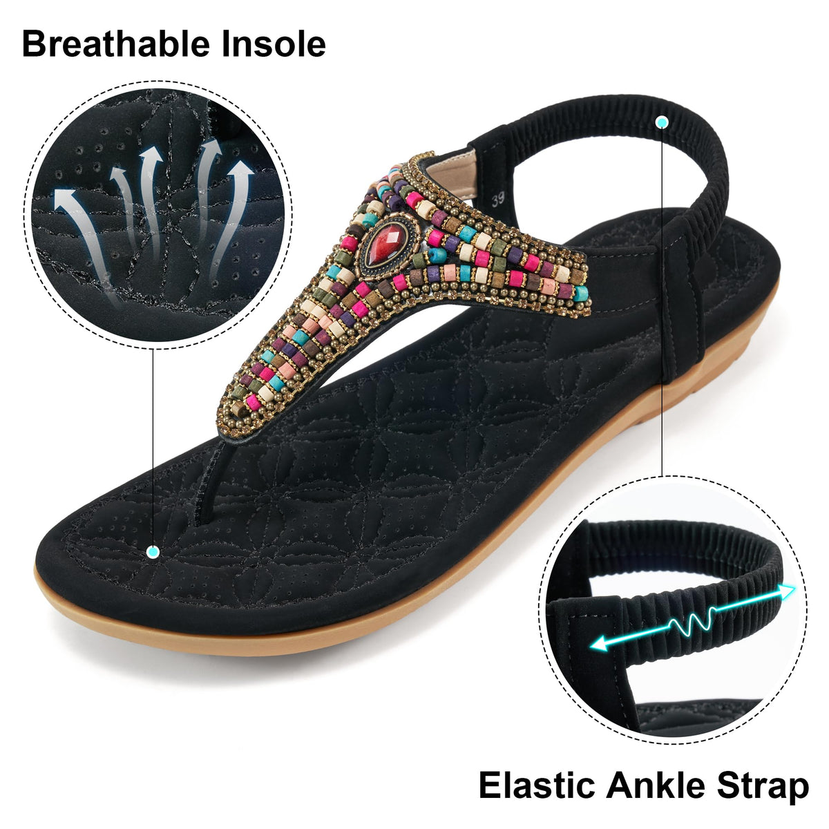 Ecetana Women's Flat Sandals Comfort Beaded Boho Summer Ankle Strap
