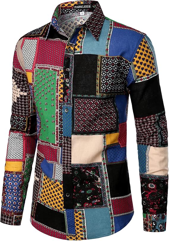 PARKLEES Men's Cotton Linen-Like 70s Disco Retro Traditional Pattern Printed Long Sleeve Button Down Shirt