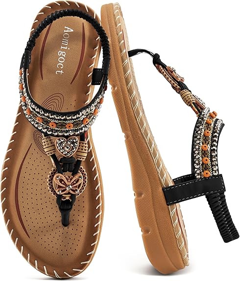 Aomigoct Sandals Women Flat Shoes: Dressy Summer Bohemian Flats Shoes for Women Sandals Comfortable Ankle Strap Outdoor Walking