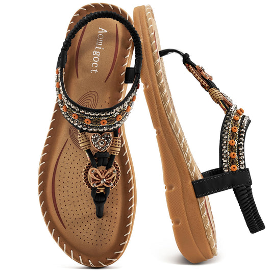 Aomigoct Sandals Women Flat Shoes: Dressy Summer Bohemian Flats Shoes for Women Sandals Comfortable Ankle Strap Outdoor Walking