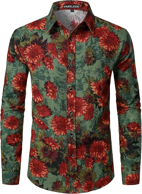 PARKLEES Men's Cotton Linen-Like 70s Disco Retro Traditional Pattern Printed Long Sleeve Button Down Shirt