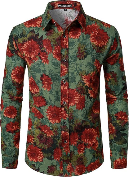 PARKLEES Men's Cotton Linen-Like 70s Disco Retro Traditional Pattern Printed Long Sleeve Button Down Shirt