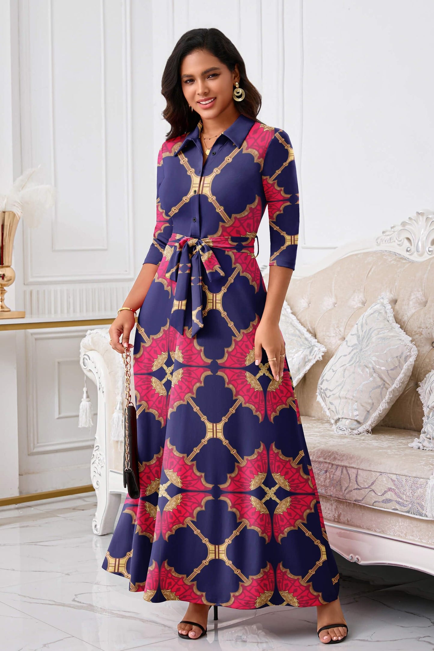 Rumwind Maxi Dresses for Women, 3/4 Sleeve Shirt Collar Casual Afircan Print Church Dress Button Down with Belt and Pockets