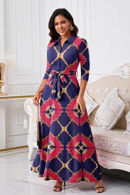 Rumwind Maxi Dresses for Women, 3/4 Sleeve Shirt Collar Casual Afircan Print Church Dress Button Down with Belt and Pockets
