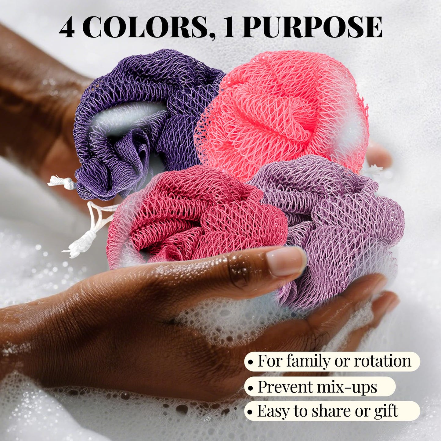 African Net Sponge Authentic-4 Packs African Exfoliating Net Sponge,Bath Sponges for Shower,42 inch Long for Normal to Sensitive Skin, for Daily use, Body Exfoliator Shower (Green,Pink,Blue,Grey)