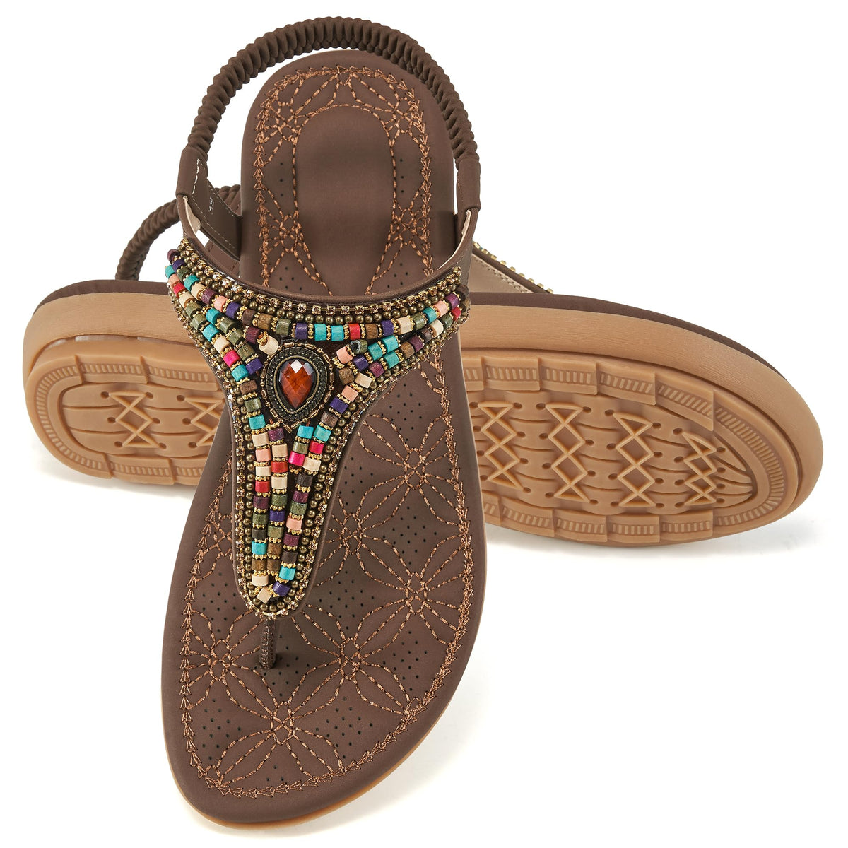 Ecetana Women's Flat Sandals Comfort Beaded Boho Summer Ankle Strap