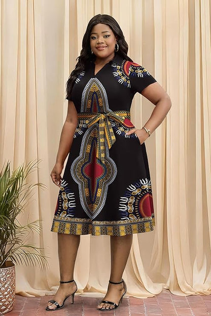 FANDEE Plus Size Dresses, Women Summer Casual V Neck Short Sleeve A-Line Work Cocktail Shirt Midi Dress with Belt and Pockets