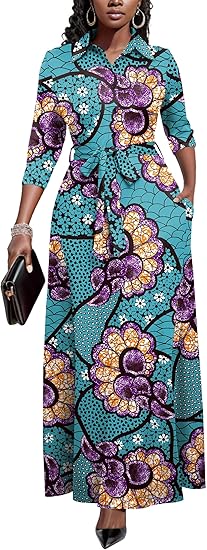 Runwind Women Church Maxi Dresses 3/4 Sleeve Button Down Print Casual Office Dress African
