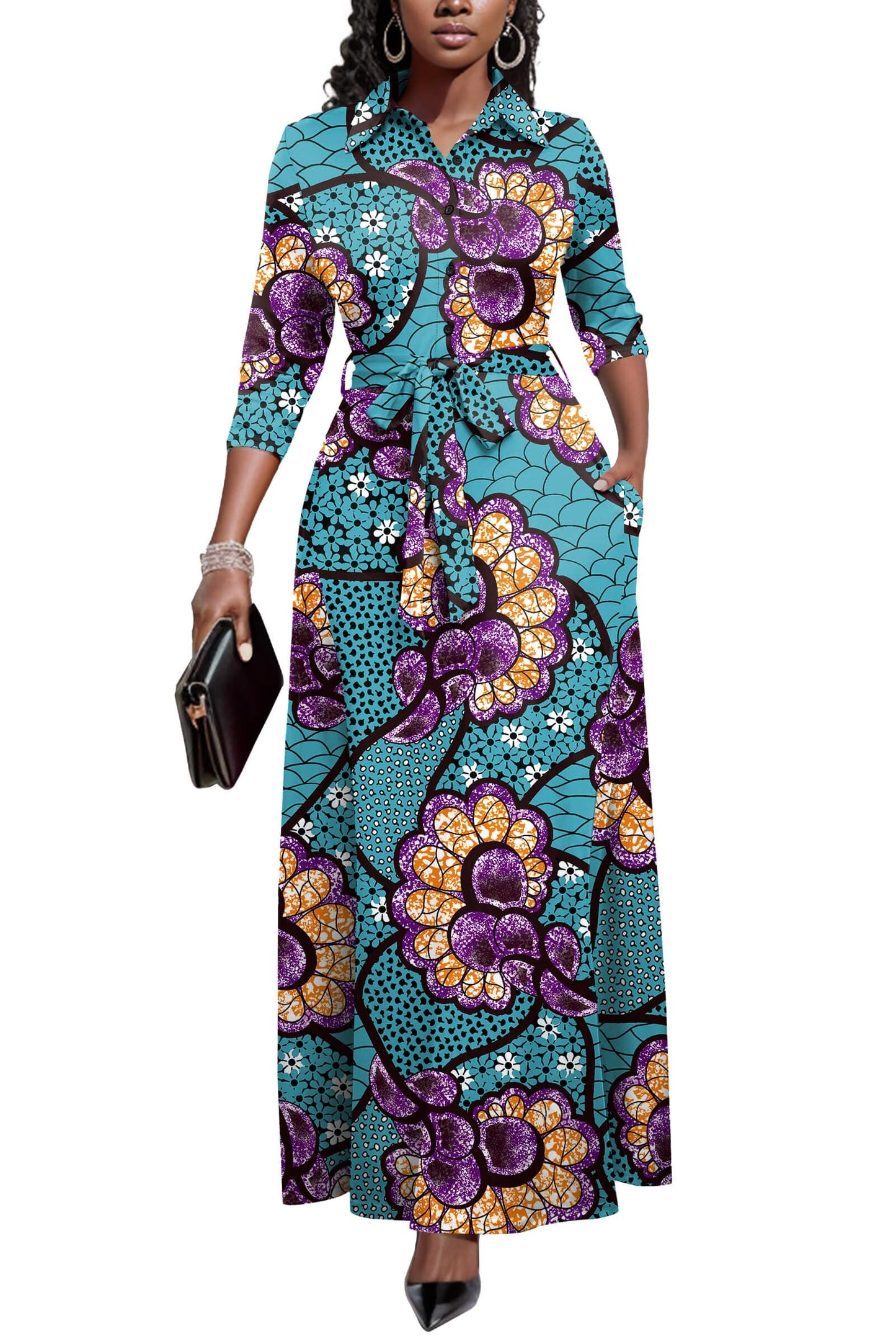 Runwind Women Church Maxi Dresses 3/4 Sleeve Button Down Print Casual Office Dress African