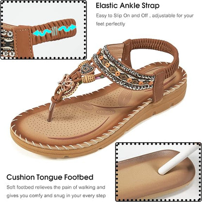 Aomigoct Sandals Women Flat Shoes: Dressy Summer Bohemian Flats Shoes for Women Sandals Comfortable Ankle Strap Outdoor Walking