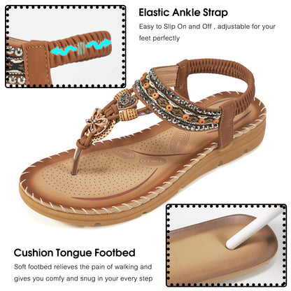 Aomigoct Sandals Women Flat Shoes: Dressy Summer Bohemian Flats Shoes for Women Sandals Comfortable Ankle Strap Outdoor Walking
