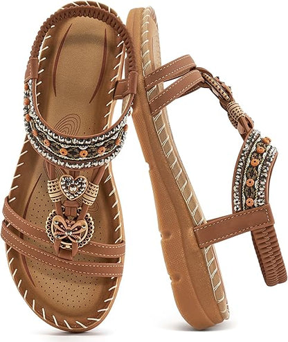 Aomigoct Sandals Women Flat Shoes: Dressy Summer Bohemian Flats Shoes for Women Sandals Comfortable Ankle Strap Outdoor Walking