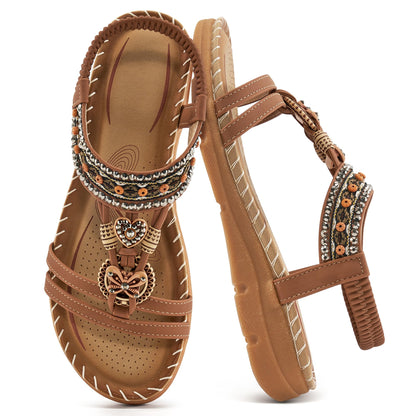 Aomigoct Sandals Women Flat Shoes: Dressy Summer Bohemian Flats Shoes for Women Sandals Comfortable Ankle Strap Outdoor Walking