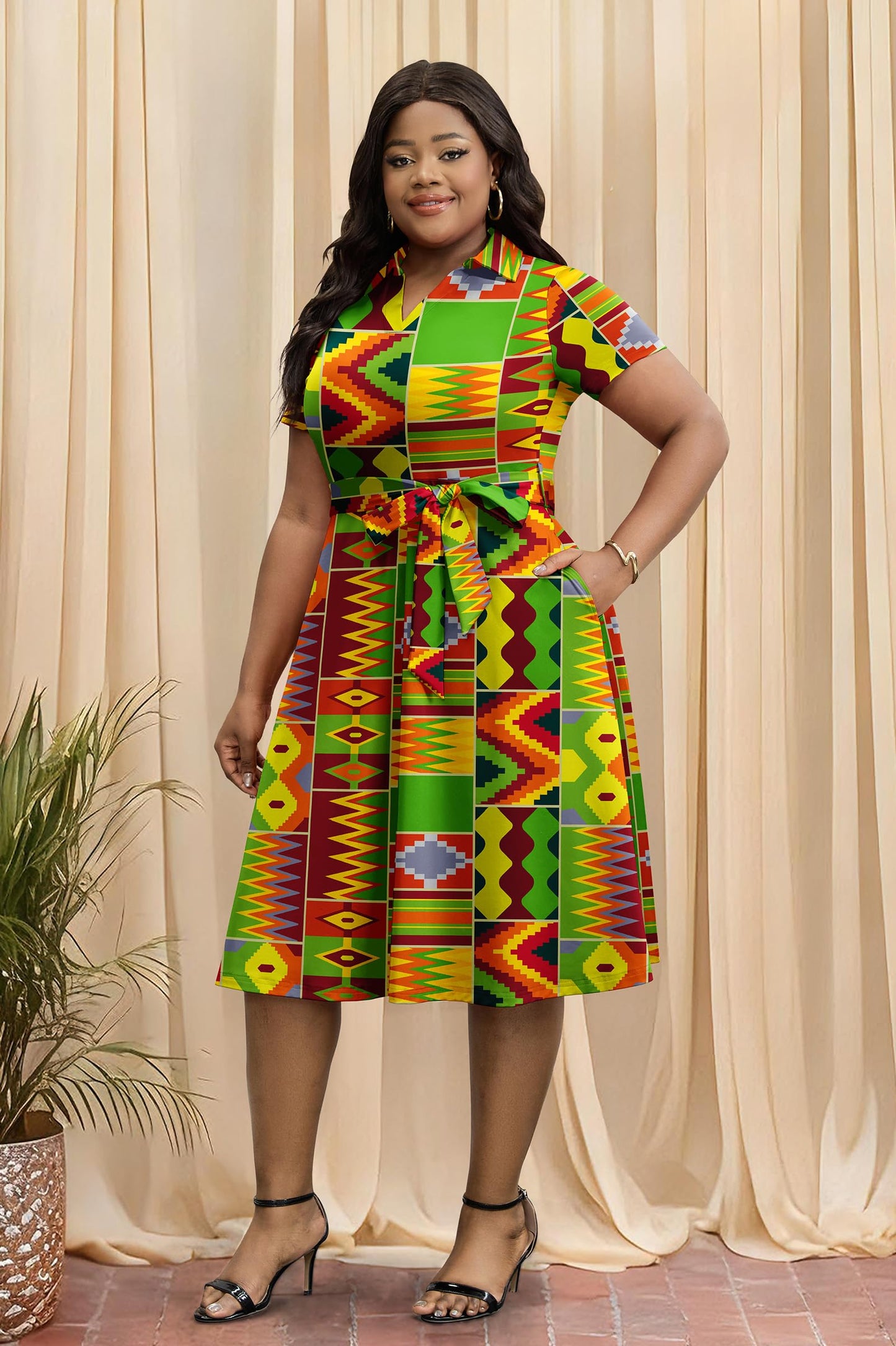 FANDEE Plus Size Dresses, Women Summer Casual V Neck Short Sleeve A-Line Work Cocktail Shirt Midi Dress with Belt and Pockets