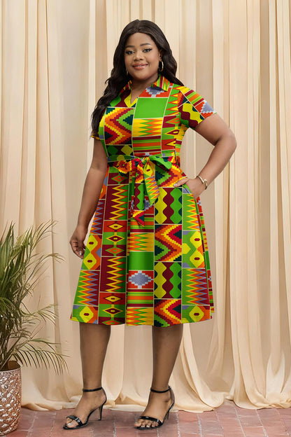 FANDEE Plus Size Dresses, Women Summer Casual V Neck Short Sleeve A-Line Work Cocktail Shirt Midi Dress with Belt and Pockets