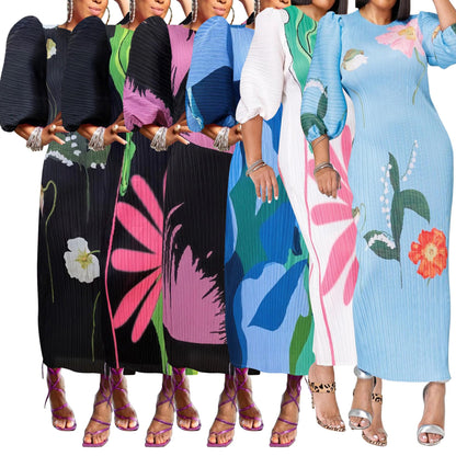 Women Colorful African Dress Floral Party Pleated Maxi Dress