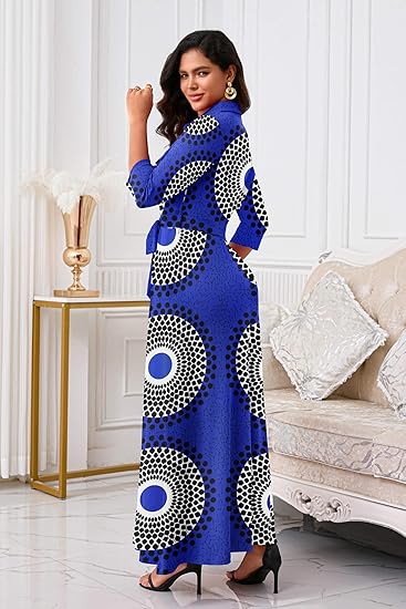 Runwind Women Church Maxi Dresses 3/4 Sleeve Button Down Print Casual Office Dress African