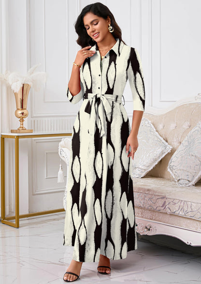 Rumwind Maxi Dresses for Women, 3/4 Sleeve Shirt Collar Casual Afircan Print Church Dress Button Down with Belt and Pockets