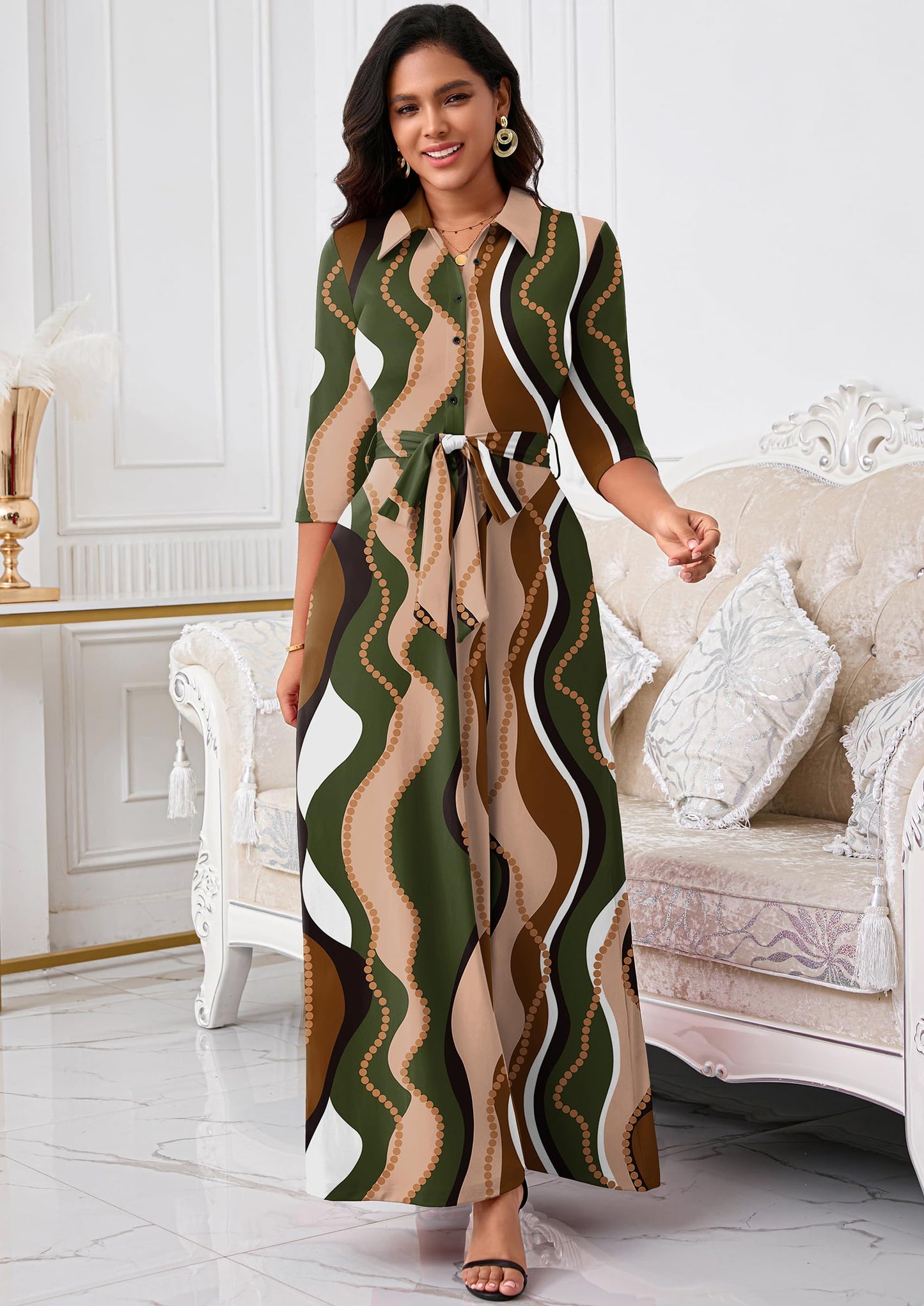 Rumwind Maxi Dresses for Women, 3/4 Sleeve Shirt Collar Casual Afircan Print Church Dress Button Down with Belt and Pockets