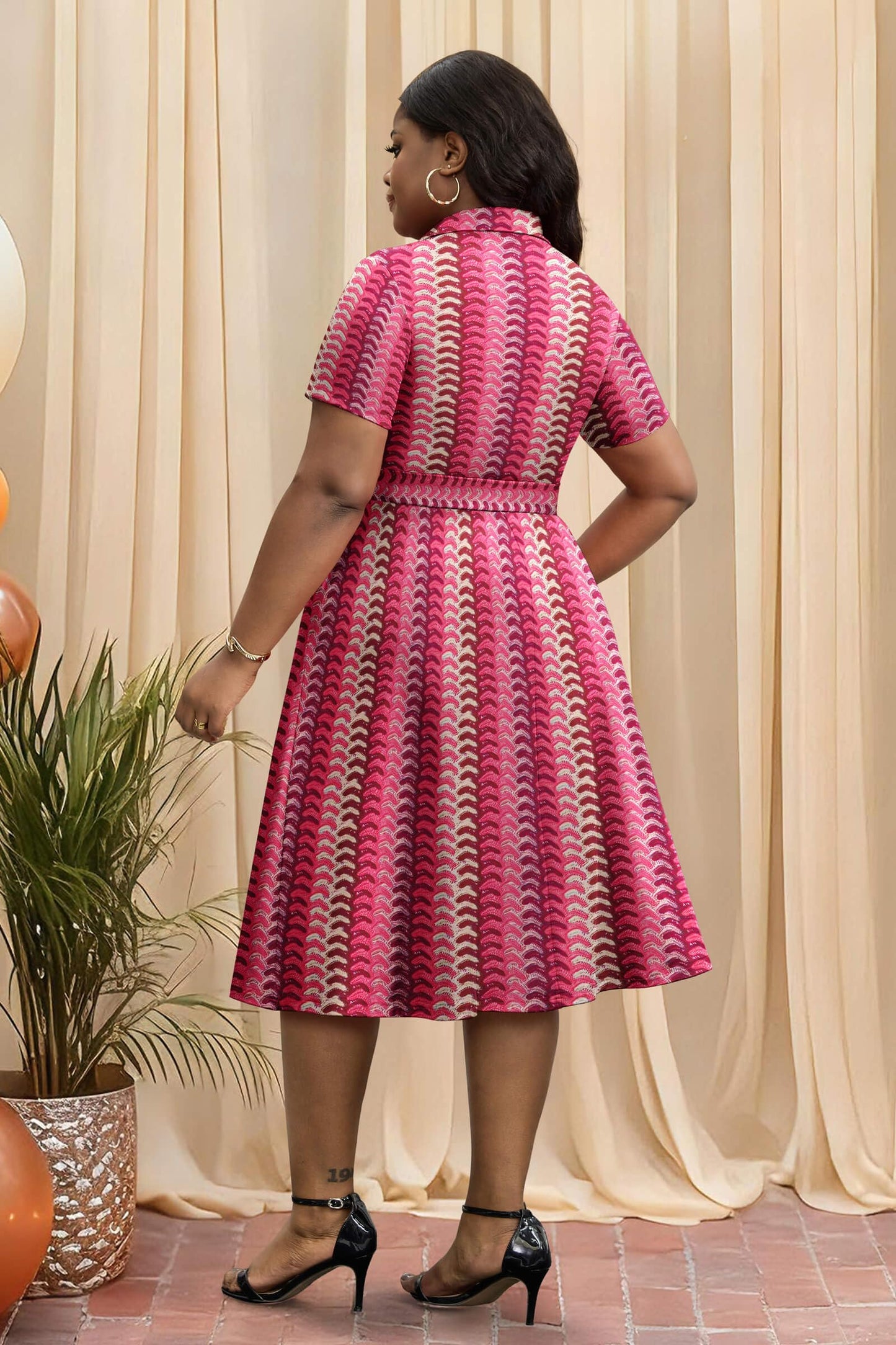 FANDEE Plus Size Dresses, Women Summer Casual V Neck Short Sleeve A-Line Work Cocktail Shirt Midi Dress with Belt and Pockets