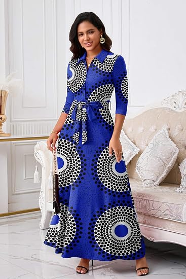 Runwind Women Church Maxi Dresses 3/4 Sleeve Button Down Print Casual Office Dress African
