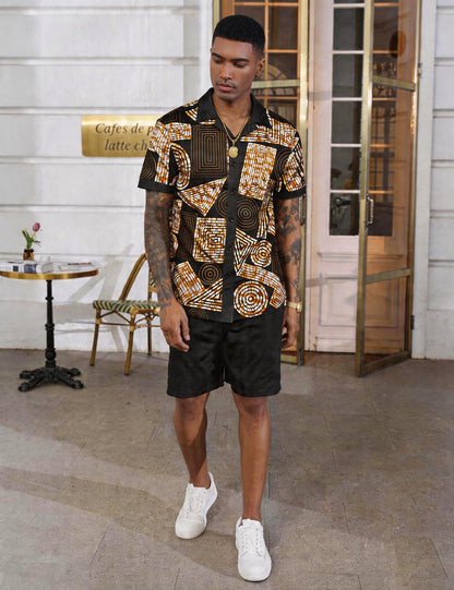Mens African Dashiki Kente Printed Shirts Cuban Collar Short Sleeve Button Down Vintage Beach Summer Hawaiian Shirts