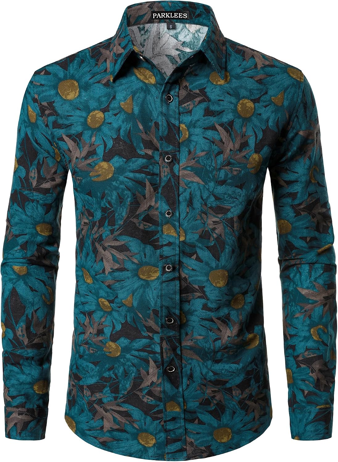 PARKLEES Men's Cotton Linen-Like 70s Disco Retro Traditional Pattern Printed Long Sleeve Button Down Shirt