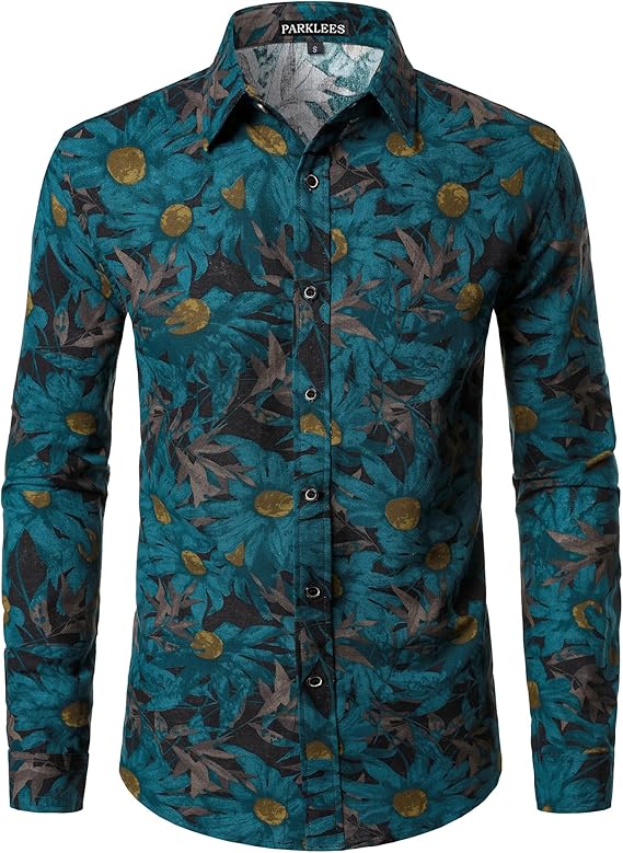 PARKLEES Men's Cotton Linen-Like 70s Disco Retro Traditional Pattern Printed Long Sleeve Button Down Shirt